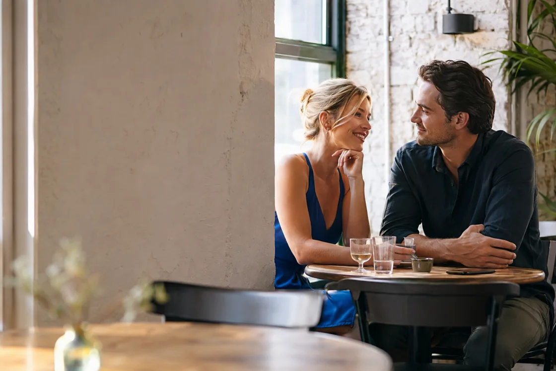 Couple talking at a café — HIV Dating With Language Barriers and Mutual Understanding