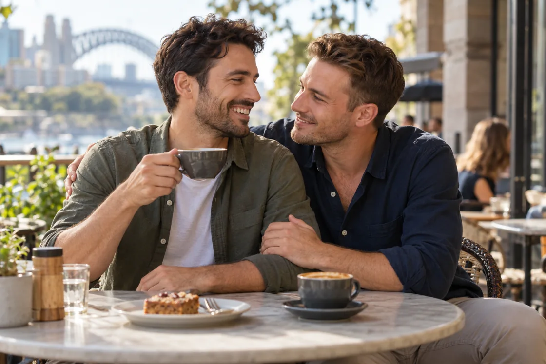 Two men on a café date — HIV Dating Video Calls With Privacy in Mind