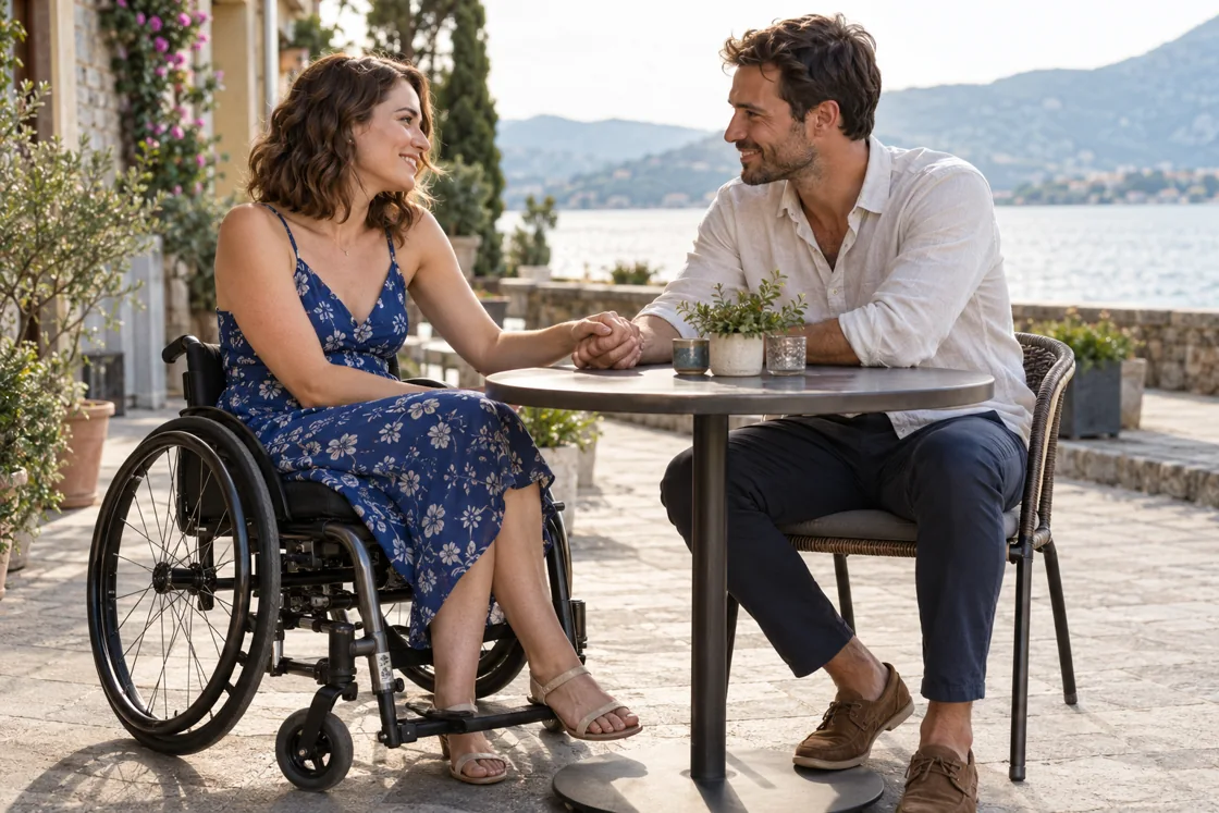 Woman using a wheelchair on a café date with a man — HIV Dating With Disabilities and Equal Partnership
